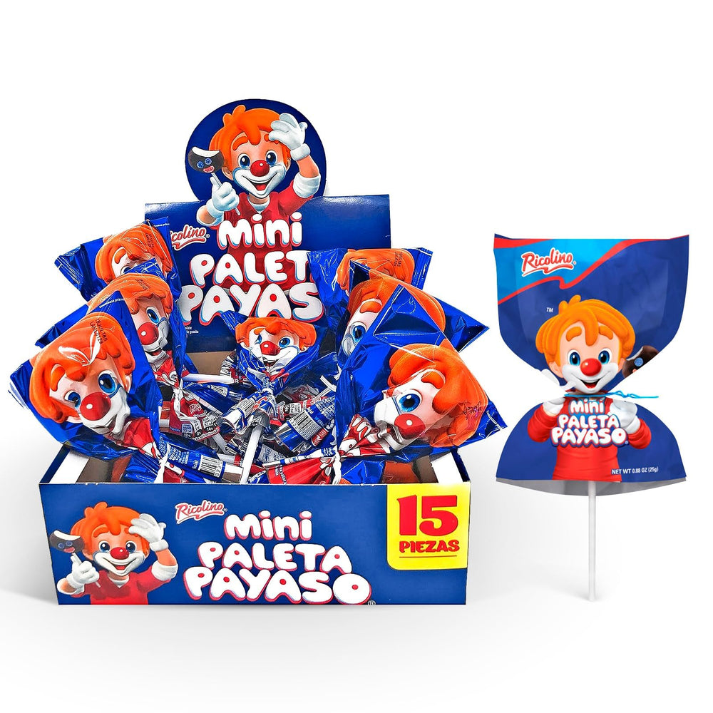RICOLINO mini paleta payaso chocolate marshmallow lollipops in a gift-ready package.
