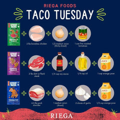 Riega tinga street tacos plated with toppings.