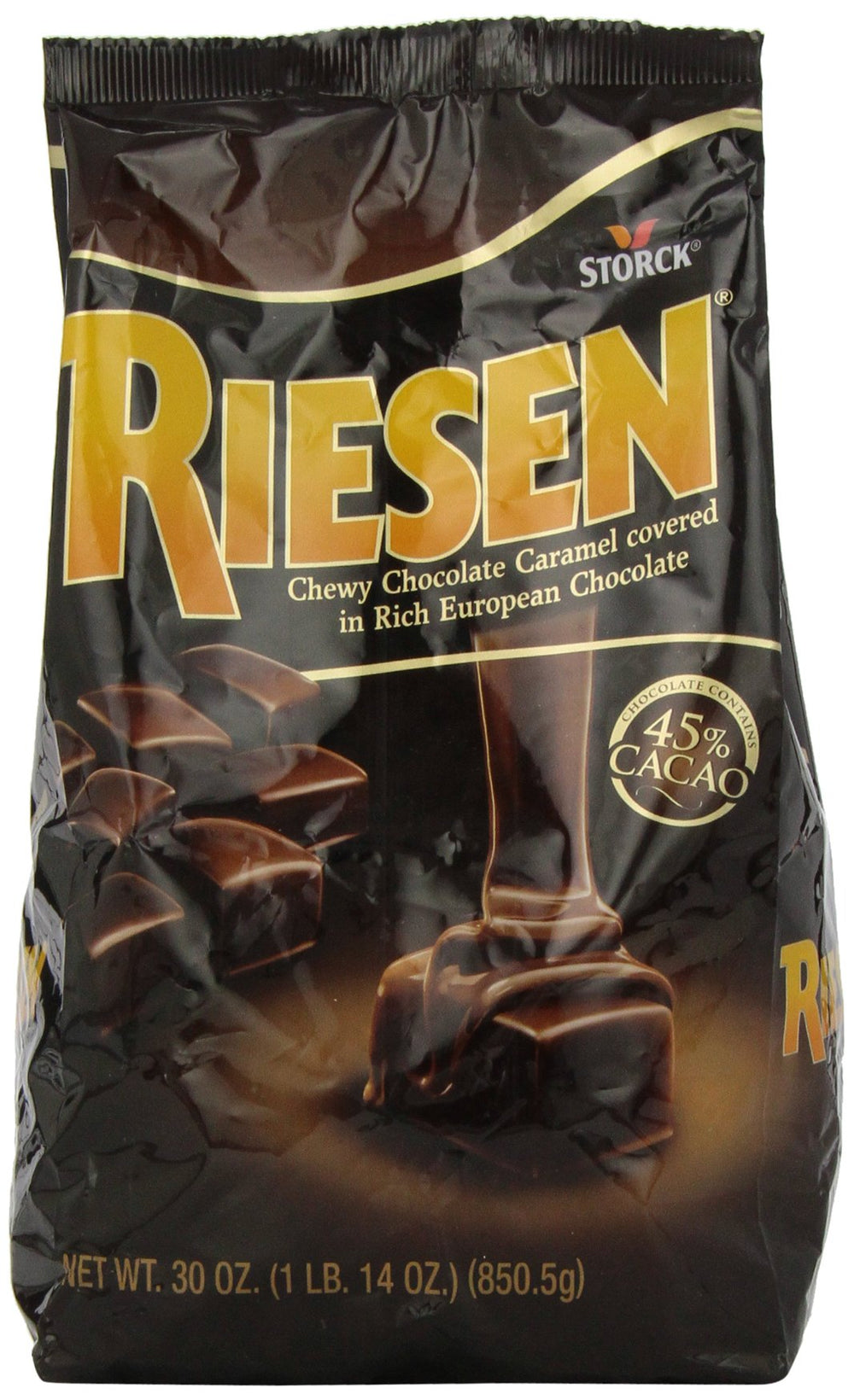 RIESEN chewy candy with dark chocolate shell and caramel center for a rich, long-lasting bite.