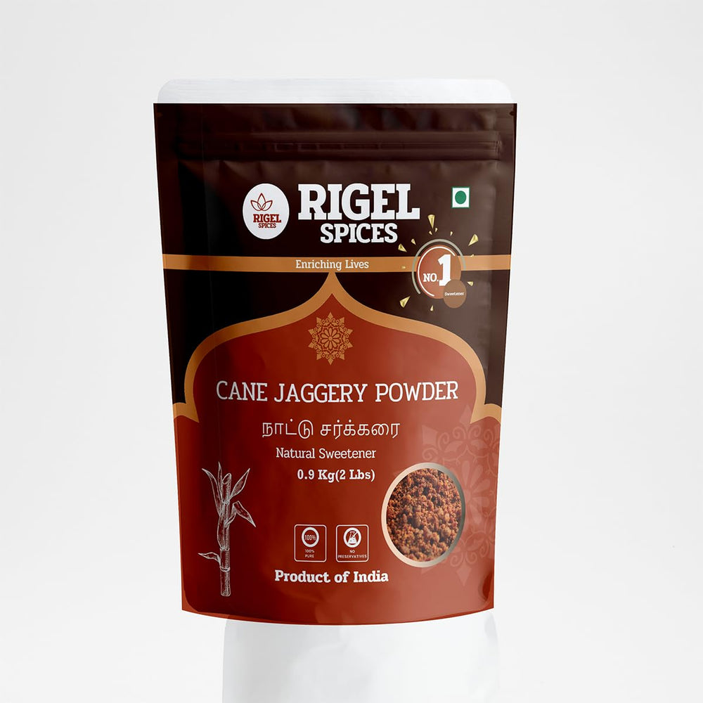 Rigel Spices Cane Jaggery Powder packaging shows freshness and no preservatives.