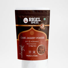 Rigel Spices Cane Jaggery Powder packaging shows freshness and no preservatives.