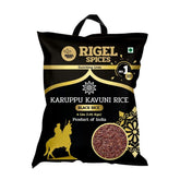Rigel Spices Karuppu Kavuni black rice bag highlighting gluten-free heritage.
