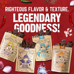 Righteous Felon Maryland Monroe beef jerky product shot, tangy finish and quality