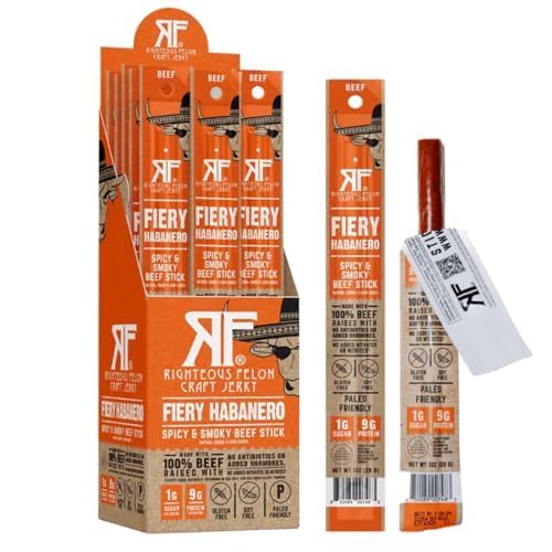 Righteous Felon Fiery Habanero meat sticks in a 24-pack, keto-friendly snack.