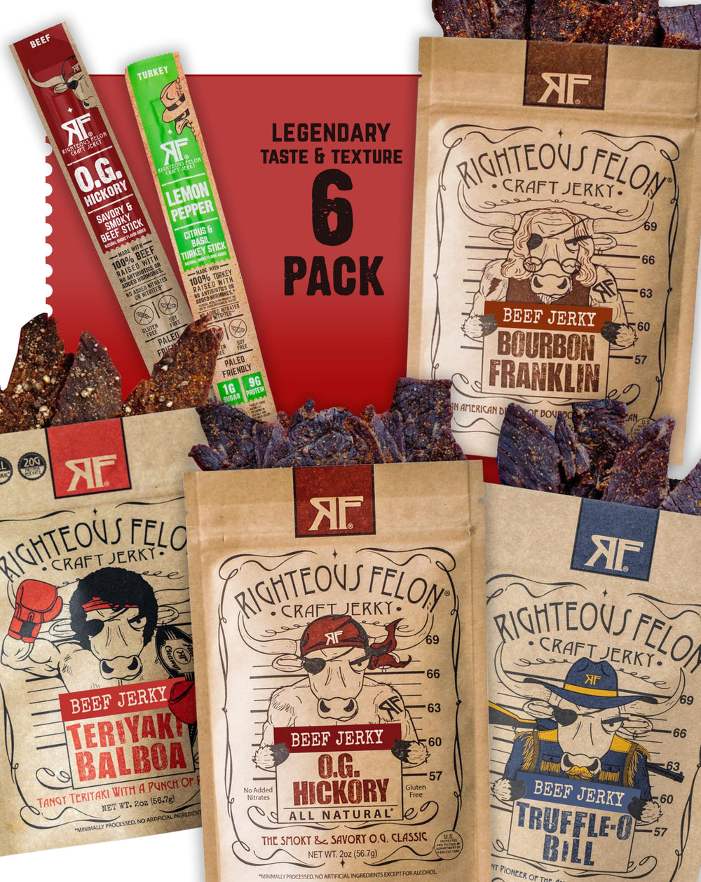 Righteous Felon Savory 6-Pack Box: gift-ready jerky assortment.