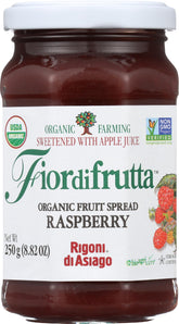 Rigoni di Asiago Fior di Frutta raspberry bottle pour highlights organic sweetness.