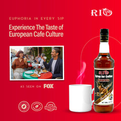 RIO Amaretto Syrup being poured to enrich iced beverages and desserts.