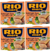 Rio Mare Solid Light Tuna in Olive Oil four-pack of 6-oz cans offers convenient protein for quick meals.