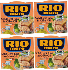 Rio Mare Solid Light Tuna in Olive Oil four-pack of 6-oz cans offers convenient protein for quick meals.