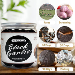 RioRand black garlic 454g jar label detail highlights no preservatives.
