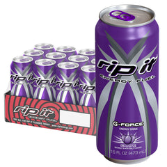 Rip It G-Force grape can front view, delivering bold energy for workouts and study sessions