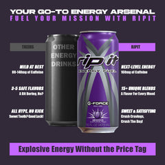 Rip It G-Force grape pouring into a glass, signaling quick refresh and a mental focus boost