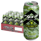 Rip-It Tribute 16oz can front view, vibrant citrus flavor for quick energy.