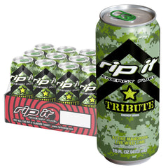 Rip-It Tribute 16oz can front view, vibrant citrus flavor for quick energy.