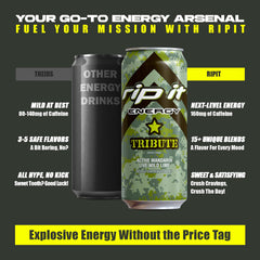 Rip-It Tribute energy can side view showing bold design and caffeine claim.
