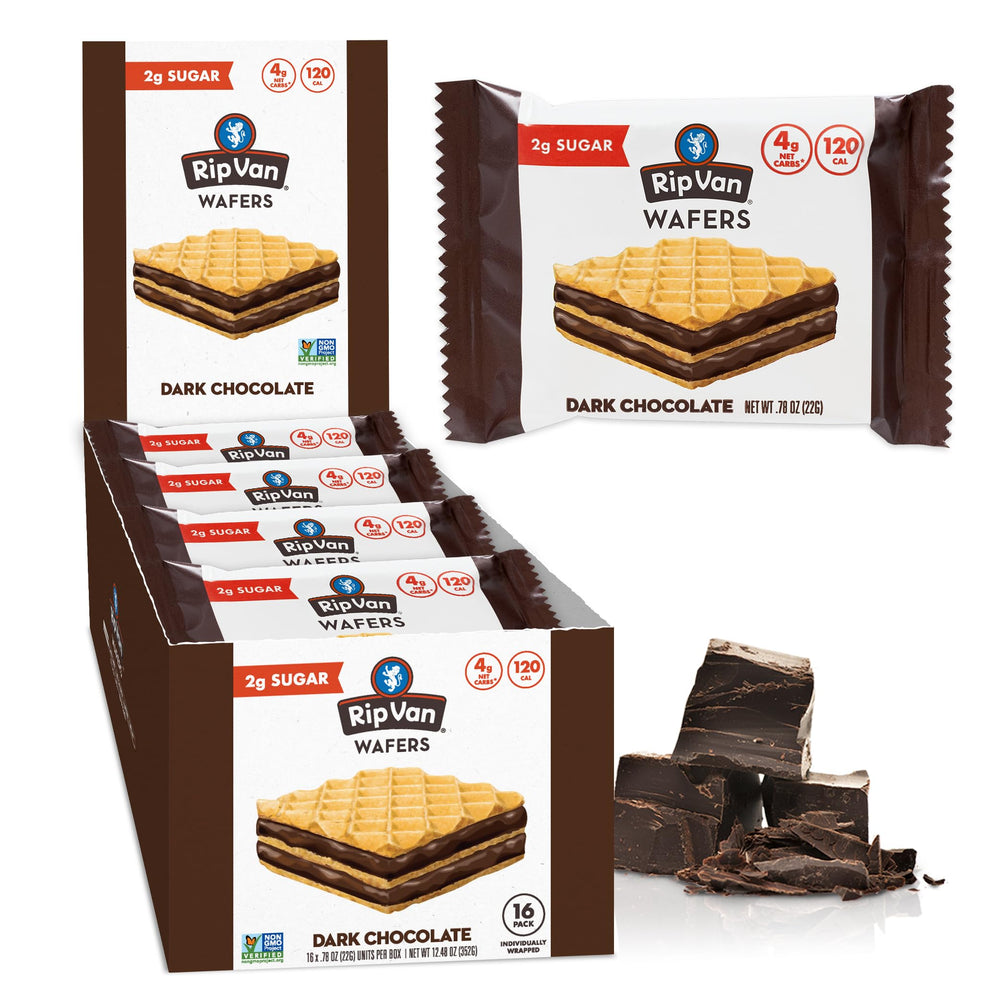 Rip Van Wafels dark chocolate wafer close-up showing a convenient low-sugar snack on the go