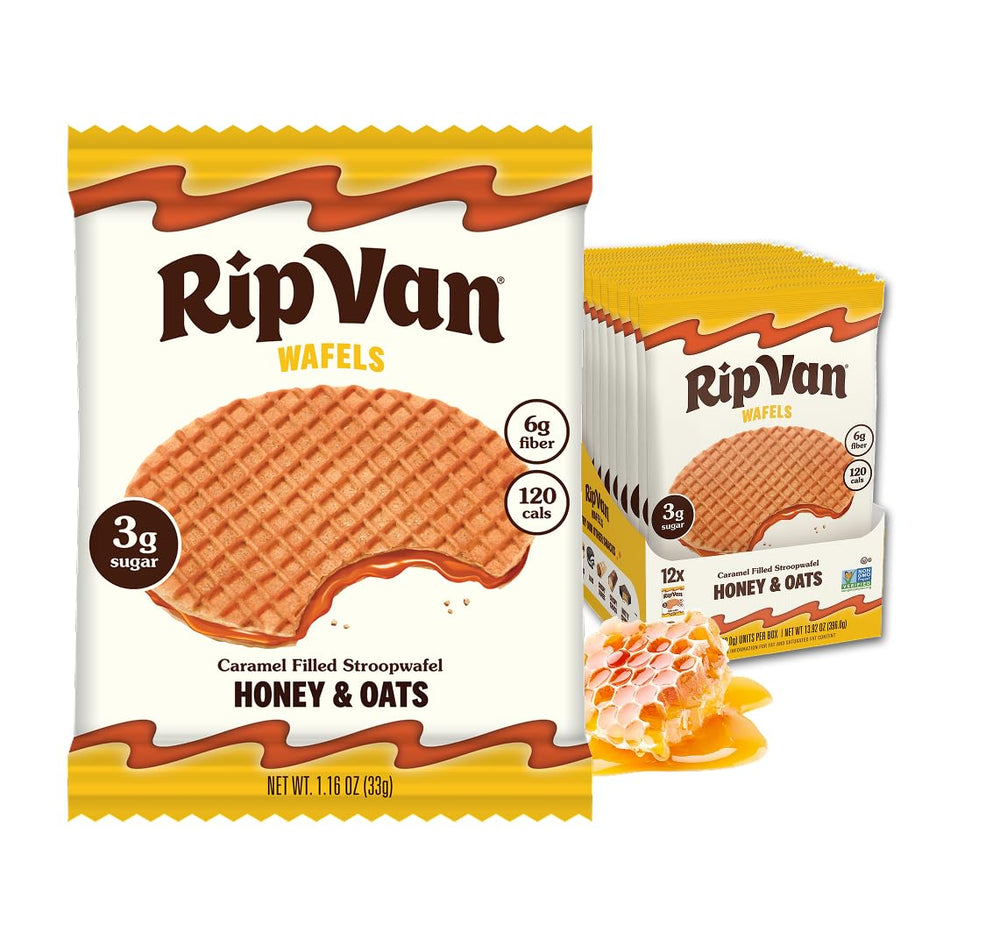 Rip Van Wafels Honey & Oats pack, a portable office snack with low sugar