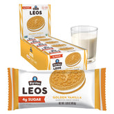 Rip Van Wafels LEOs golden vanilla sandwich cookie in pack, a low sugar snack option.