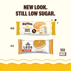 Rip Van Wafels LEOs packaging highlights 4 g sugar and ingredients for a lighter dessert.