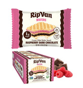 Rip Van Wafels Raspberry and Dark Chocolate wafer close-up highlighting real raspberries in a low-sugar snack