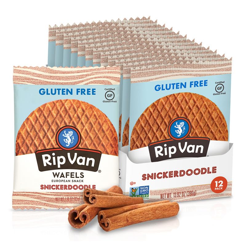 Rip Van Wafels Snickerdoodle Stroopwafel packaging, on-the-go gluten-free snack option.