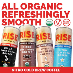 RISE Oat Milk Vanilla Latte Nitro Cold Brew can, silky dairy-free vanilla creaminess.