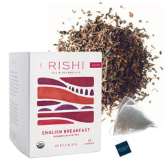 Rishi English Breakfast packaging shows the brand and bold organic blend for mornings