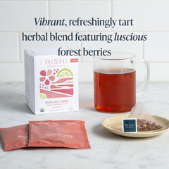 Rishi Tea Rooibos and pink rose petals define the blend's fragrant notes