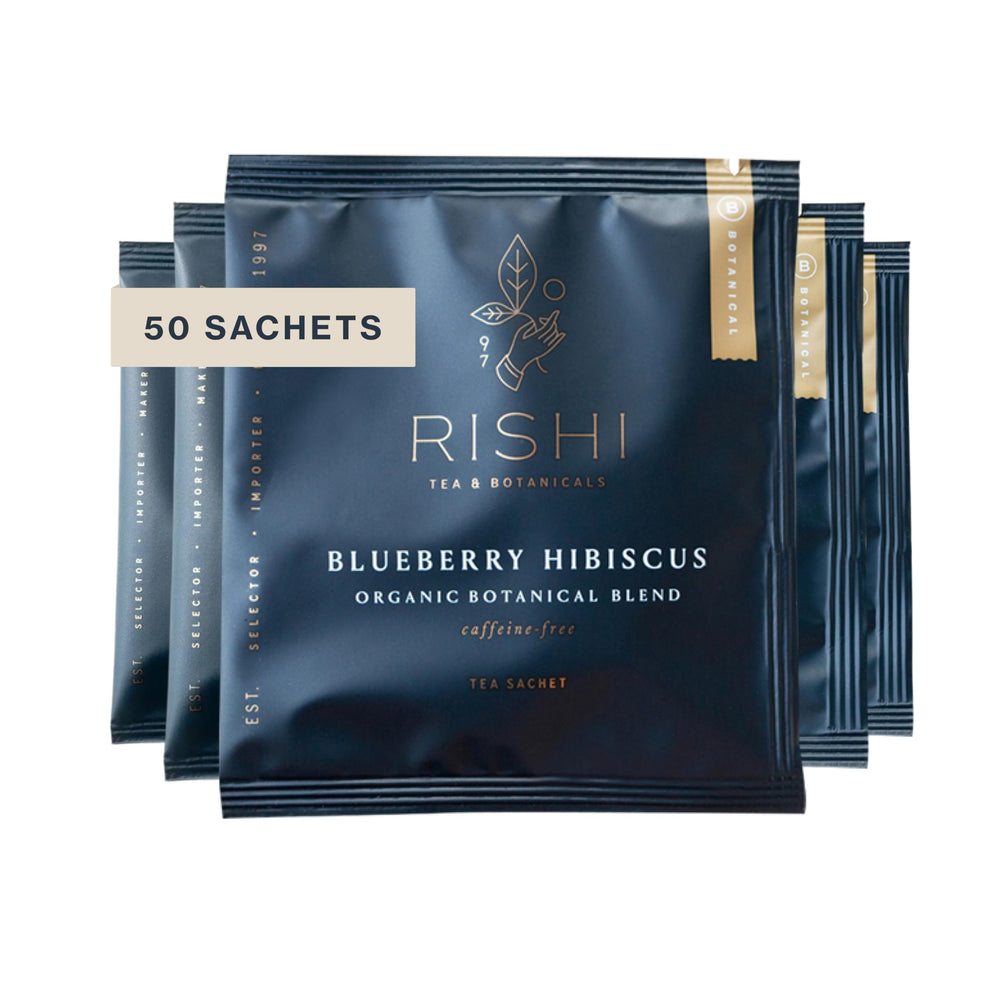 Rishi Tea Blueberry Hibiscus sachet bag for a tangy, antioxidant-rich cup.