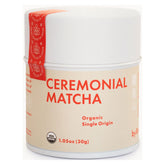 Rishi Tea ceremonial matcha tin with vibrant powder, ideal for whisking