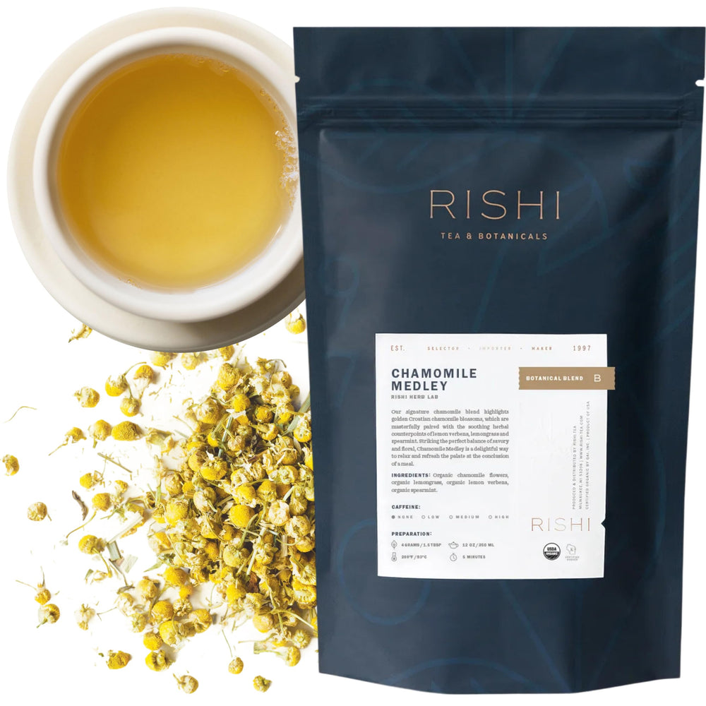 Rishi Chamomile Medley: Croatian chamomile blossoms for a calming floral aroma.