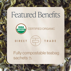 Steaming cup of Earl Green from Rishi Tea delivering smooth sencha and bergamot aroma.