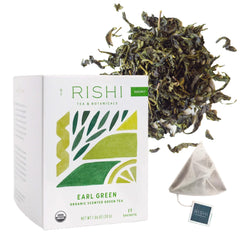 Rishi Tea Earl Green sachet ready to brew for a fragrant lift.
