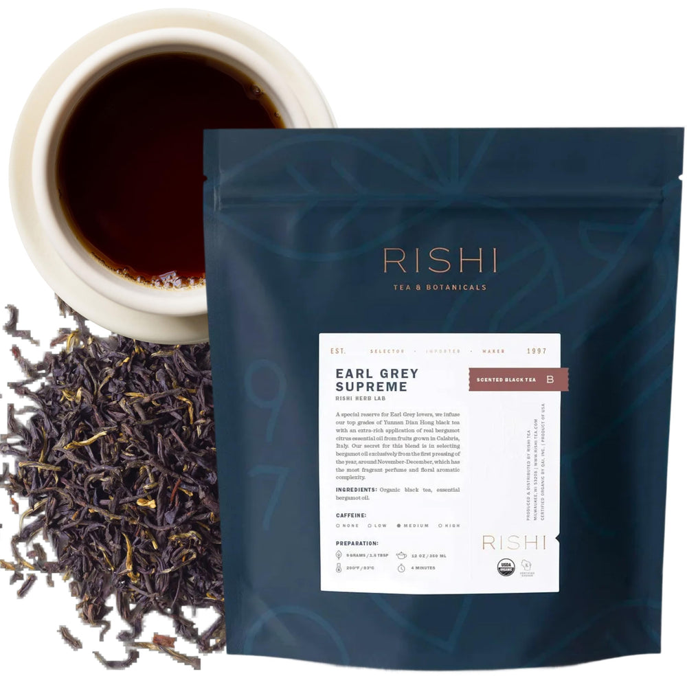 Rishi Tea Earl Grey Supreme loose leaf tea showing premium bergamot aroma in a cup