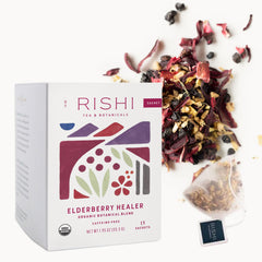 Rishi Tea Elderberry Healer sachet bag ready to brew a soothing, caffeine-free cup