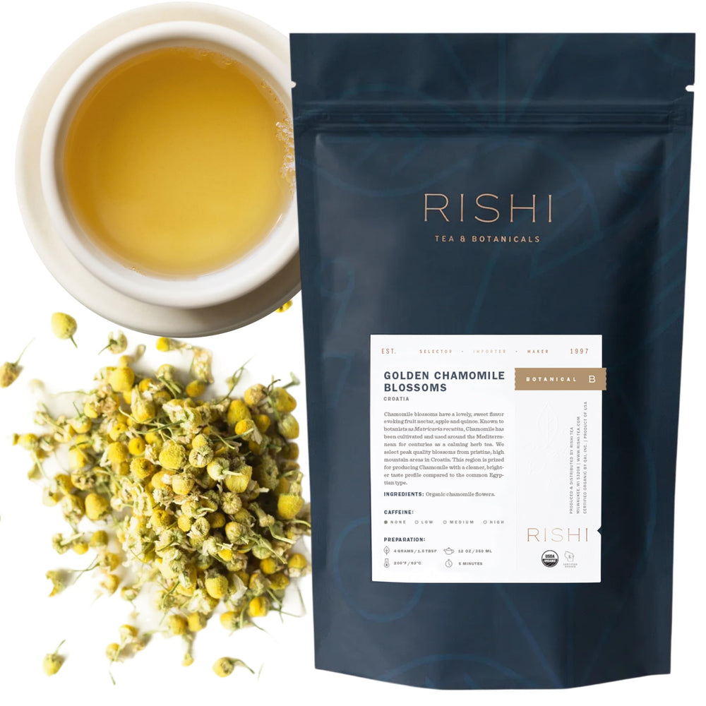 Rishi Tea Golden Chamomile Blossoms loose leaf for a calming caffeine-free infusion.