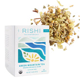 Rishi Tea Greek Mountain Tea sachets in a box, highlighting organic ingredients and convenience