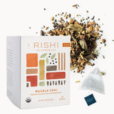 Rishi Tea Masala Chai sachet close-up highlighting bold spice blend.