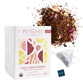 Rishi Tea Pink Lemon Ginger tea bag closeup shows an organic, convenient sachet.