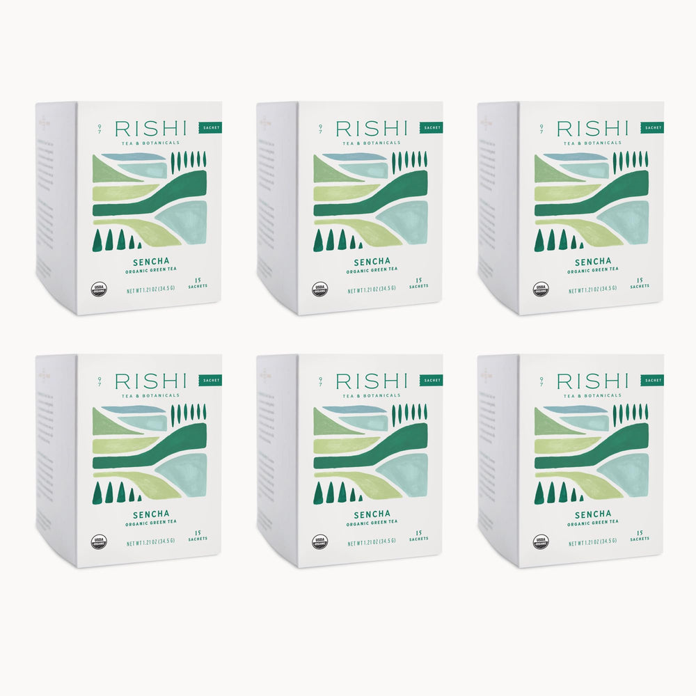 Rishi Tea Sencha green sachets pack ready for brewing and daily energy