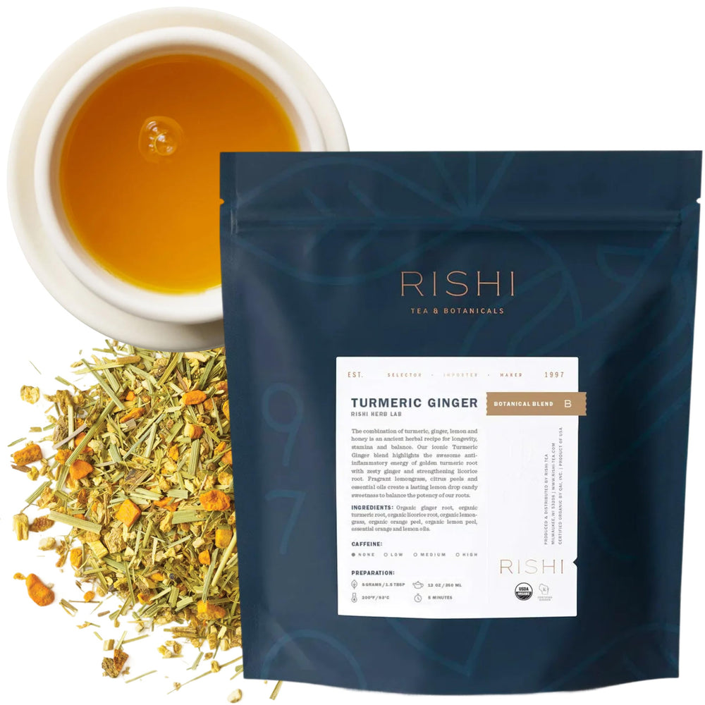 Rishi Tea Turmeric Ginger loose leaf 16oz pack for organic, caffeine-free sipping.