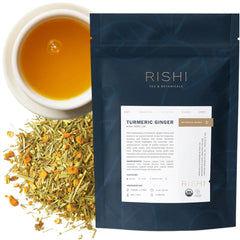 Rishi Tea Turmeric Ginger loose-leaf ready to steep for a warm, caffeine-free cup.
