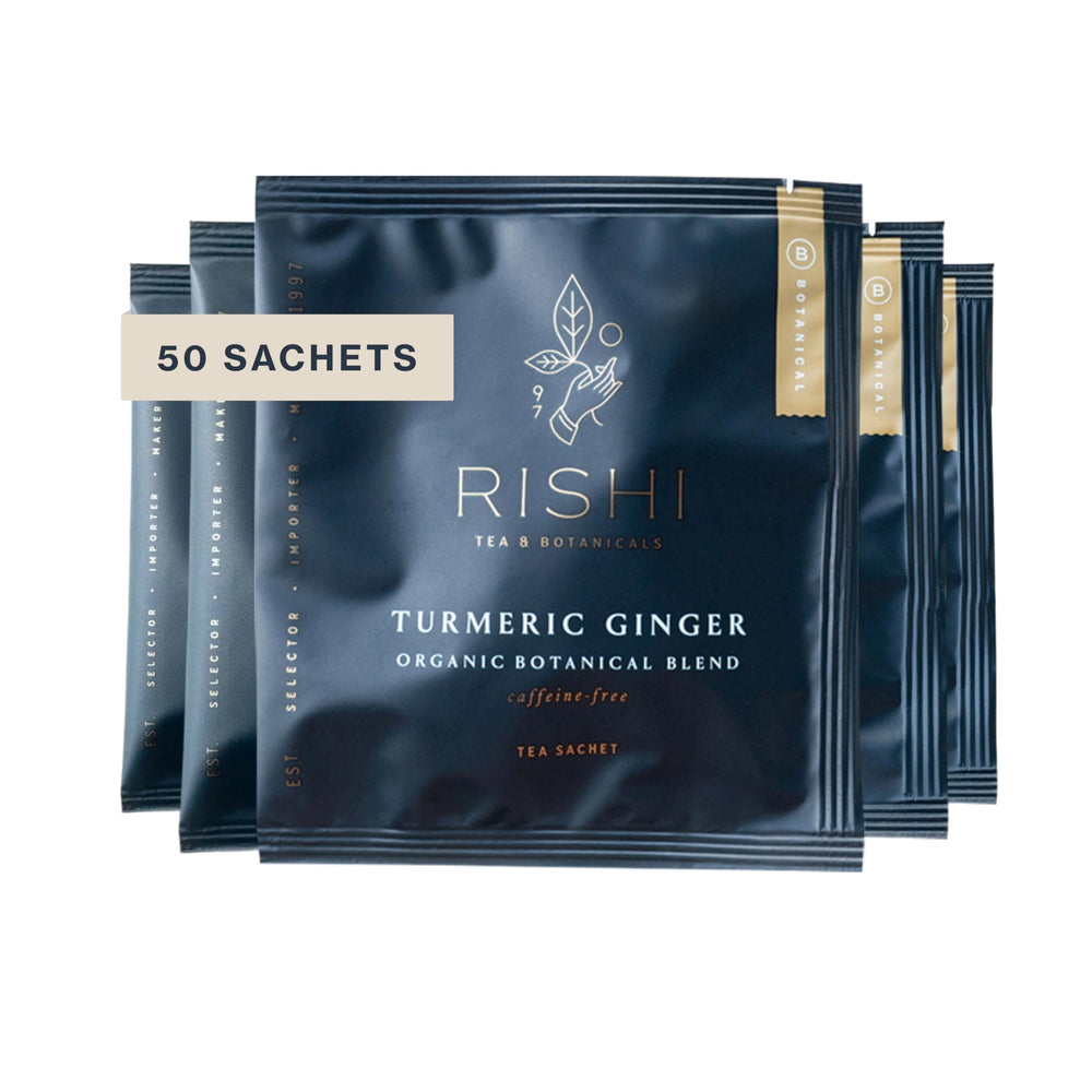 Rishi Tea Turmeric Ginger sachet bag with golden turmeric aroma for cozy evenings.