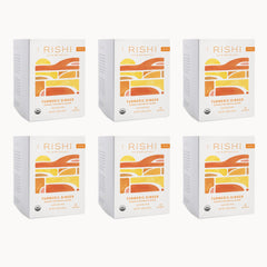 Rishi Tea turmeric-ginger tea bag delivering bright spice and citrus aroma.