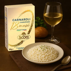Riso Scotti Carnaroli grains close-up showing large, sturdy grains for risotto