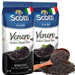 Riso Scotti Black Grain Rice pack front highlighting premium Italian quality for gourmet meals.