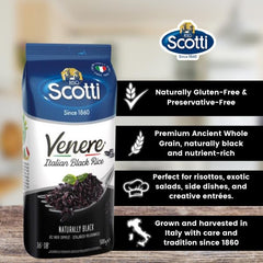 Riso Scotti Venere Rice bag shows ancient purple grain ideal for vibrant salads.
