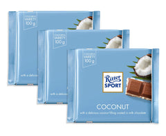 Ritter Sport Kokos 3-bars pack front showing the brand and serving-size.