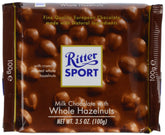 Ritter Sport Milk Chocolate Hazelnut packaging showcases a compact, shareable treat.