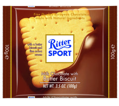 Ritter Sport milk chocolate with butter biscuit pack-11: double-crunch bite with buttery biscuit.